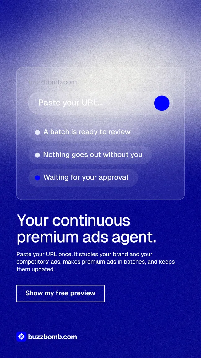 Instagram story for BuzzBomb: "Your continuous premium ads agent." Cyanotype style, bottom layout, dark palette in blue.