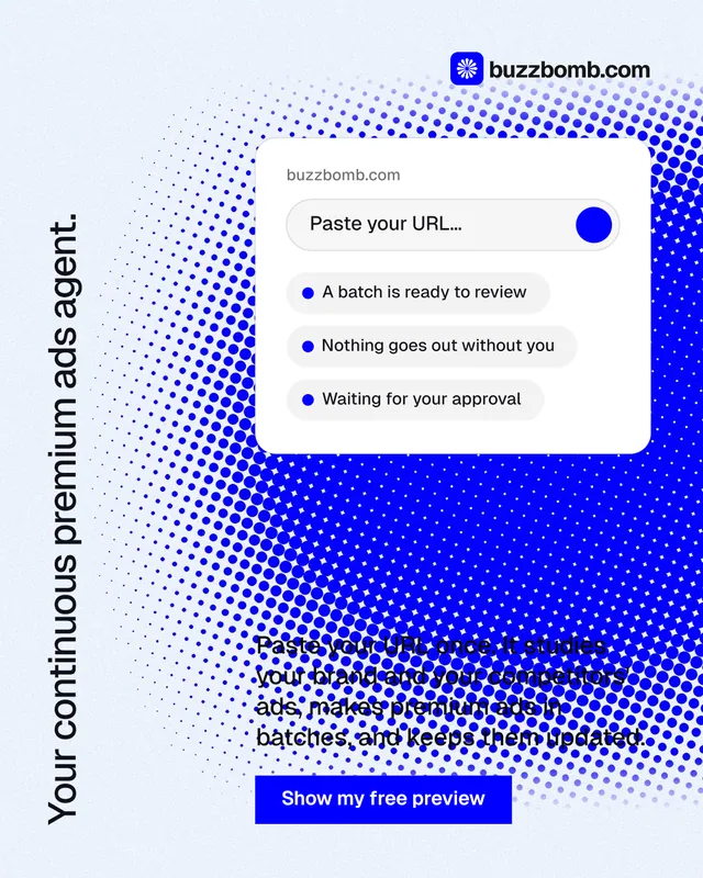 Instagram portrait post for BuzzBomb: "Your continuous premium ads agent." Swiss style, vertical layout, light palette in white, blue.