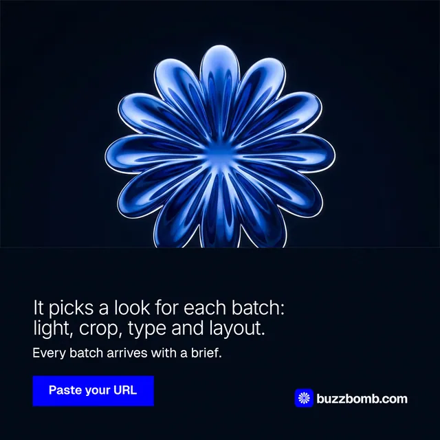 Instagram post for BuzzBomb: "It picks a look for each batch: light, crop, type and layout." Swiss style, bottom layout, dark palette in black, blue.