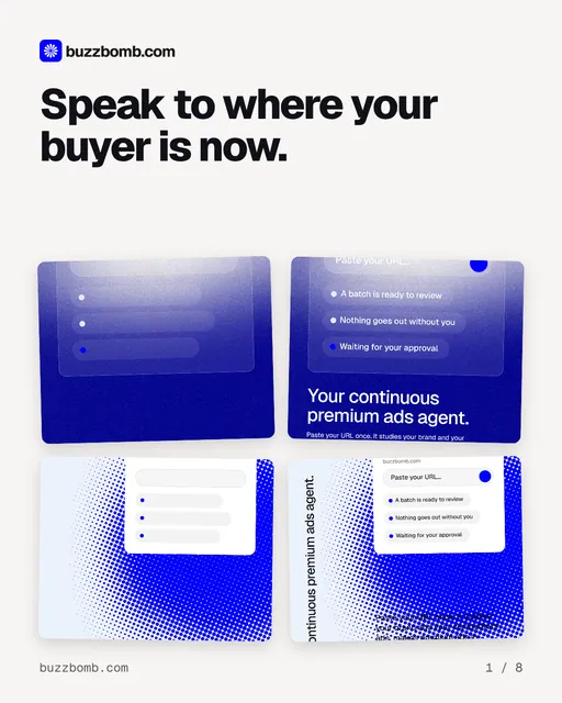 Carousel for BuzzBomb: "Speak to where your buyer is now.". Collection carousel, 8 slides, light palette.