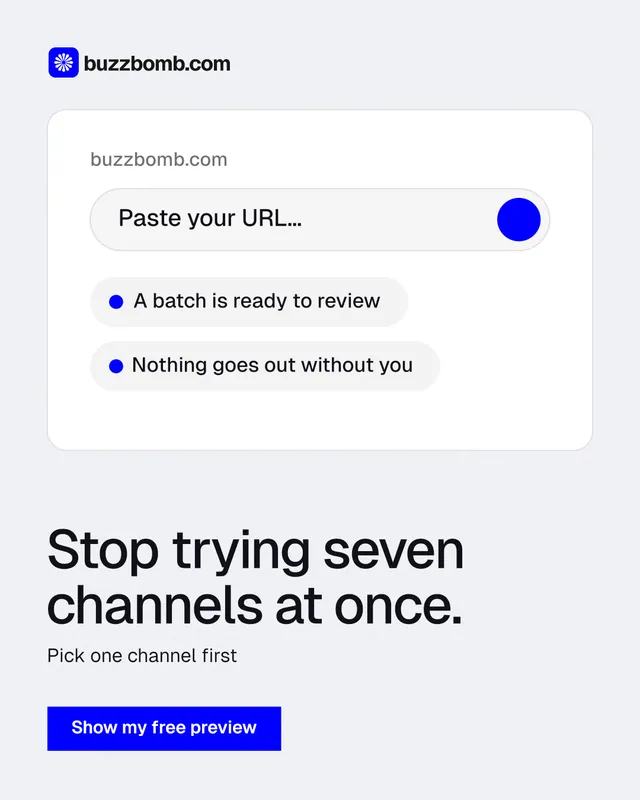 Instagram portrait post for BuzzBomb: "Stop trying seven channels at once." Swiss style, bottom layout, light palette in white, blue.