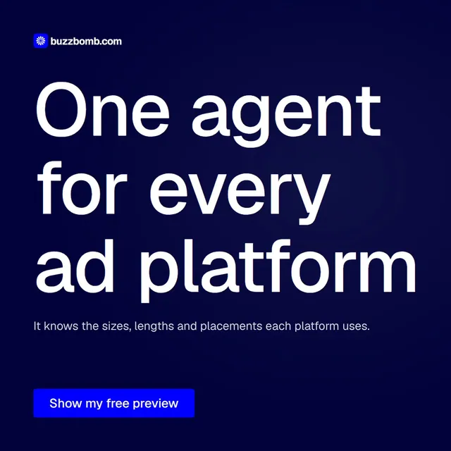 Video for BuzzBomb: "One agent for every ad platform". Doc motion loop, 6.0 s, dark palette.
