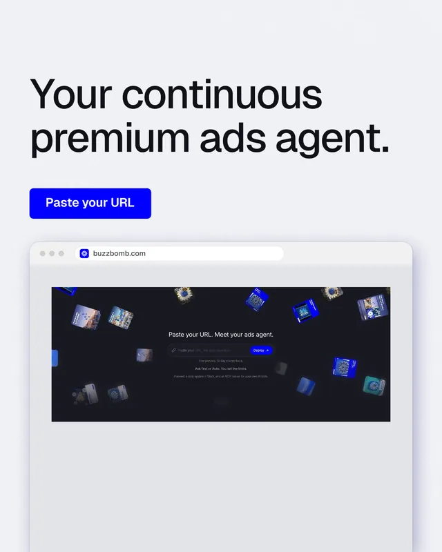 Instagram portrait post for BuzzBomb: "Your continuous premium ads agent." Data card style, browser layout, light palette in white, blue, grey.