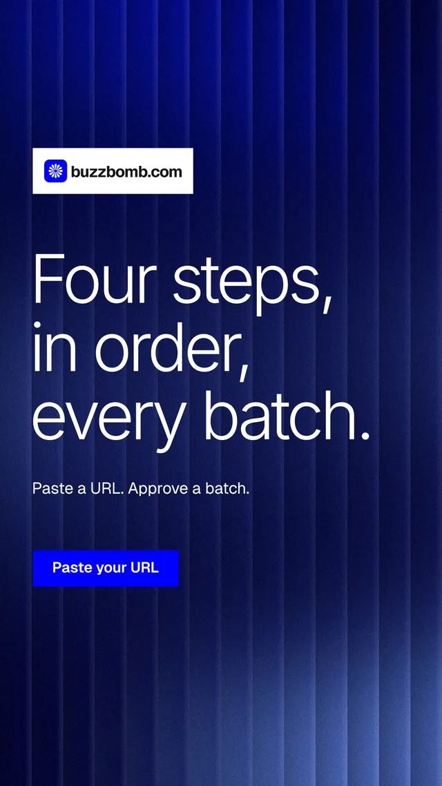 Instagram story for BuzzBomb: "Four steps, in order, every batch." Swiss style, announce layout, dark palette in blue.
