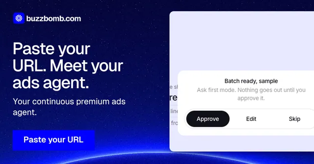 Social ad for BuzzBomb: "Paste your URL. Meet your ads agent." Swiss style, bottom layout, dark palette in blue, white.