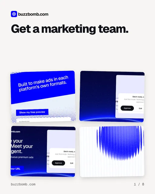 Carousel for BuzzBomb: "Get a marketing team.". Collection carousel, 8 slides, light palette.