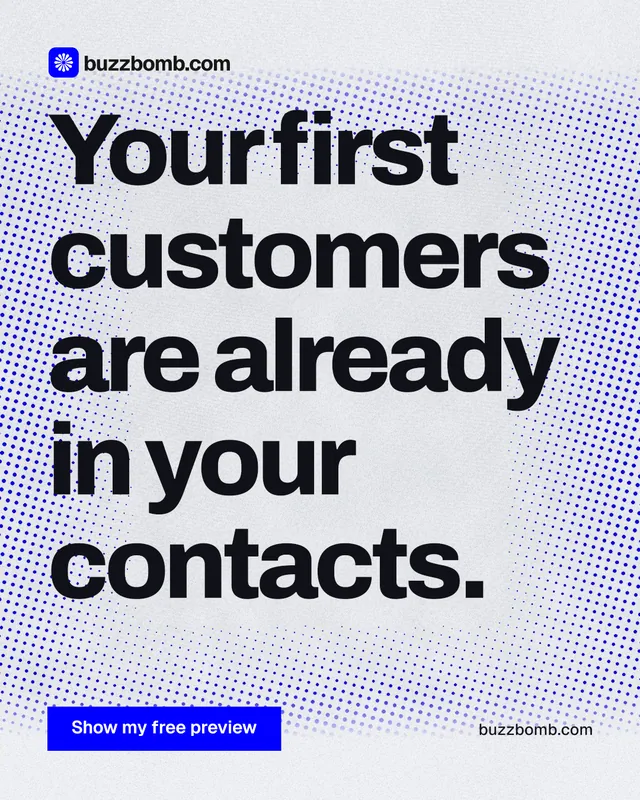 Instagram portrait post for BuzzBomb: "Your first customers are already in your contacts." Swiss style, poster layout, light palette in blue, grey, white.