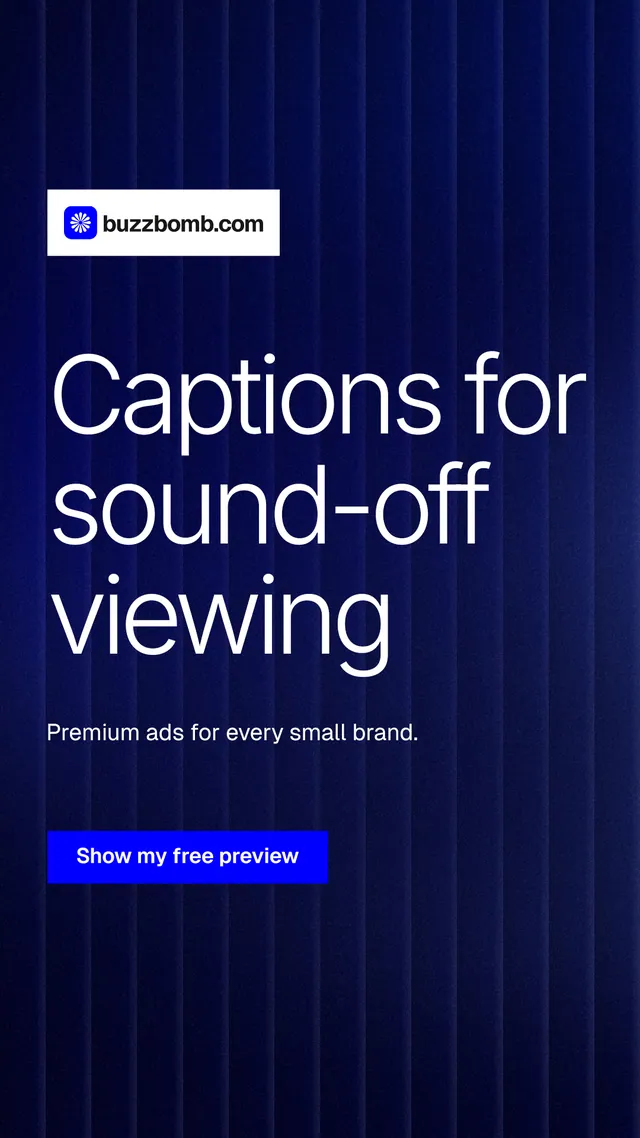 Instagram story for BuzzBomb: "Captions for sound-off viewing". Swiss style, announce layout, dark palette in blue, black, grey.