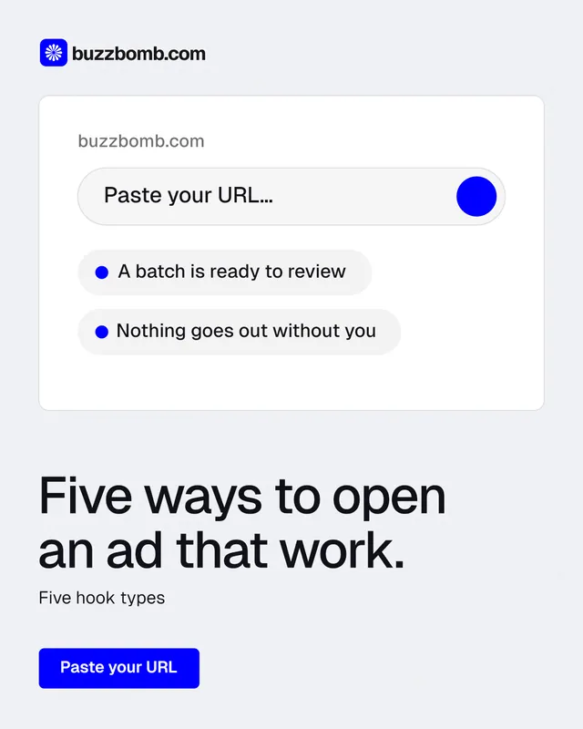 Instagram portrait post for BuzzBomb: "Five ways to open an ad that work." Data card style, bottom layout, light palette in white, blue.