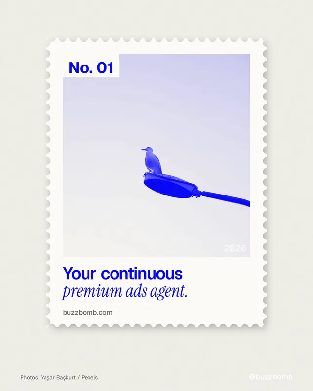 Instagram portrait post for BuzzBomb: "Your continuous premium ads agent." Single style, technique:stamp series layout, light palette in white, blue.