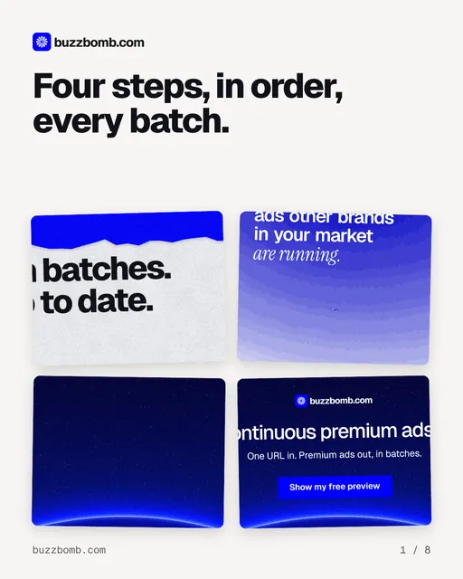 Carousel for BuzzBomb: "Four steps, in order, every batch.". Collection carousel, 8 slides, light palette.
