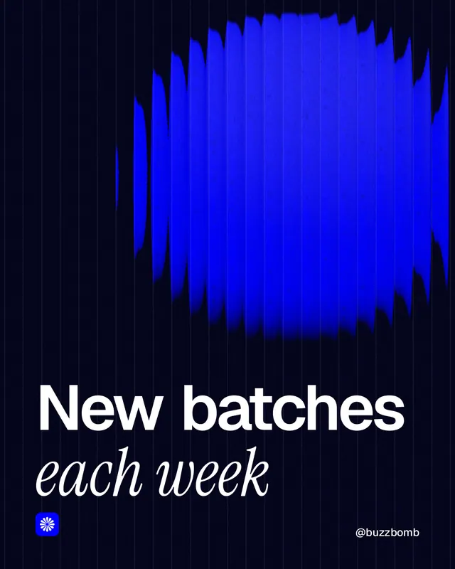 Instagram portrait post for BuzzBomb: "New batches each week". Auto 4x5 style, technique:shader field layout, dark palette in black, blue.