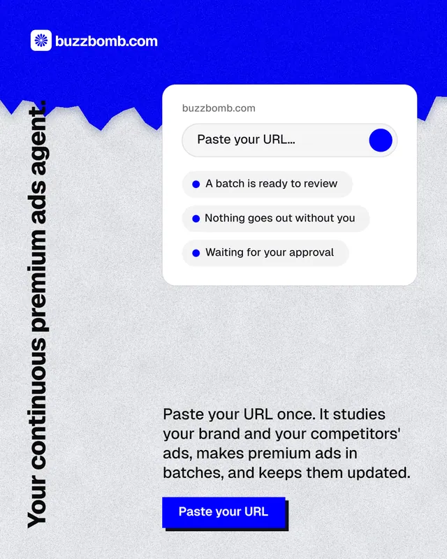Instagram portrait post for BuzzBomb: "Your continuous premium ads agent." Paper trio style, vertical layout, light palette in white, blue.