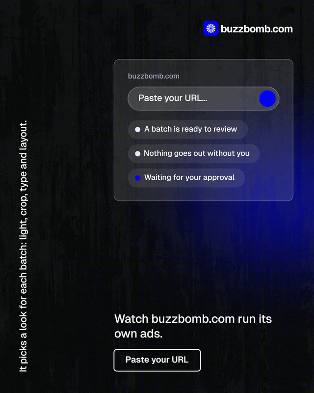 Instagram portrait post for BuzzBomb: "It picks a look for each batch: light, crop, type and layout." Phosphor atlas style, vertical layout, dark palette in black, blue, grey.
