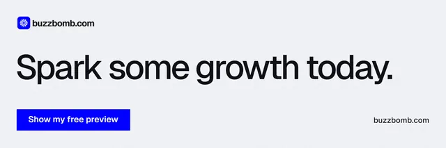 X header for BuzzBomb: "Spark some growth today." Swiss style, poster layout, light palette in white, blue.