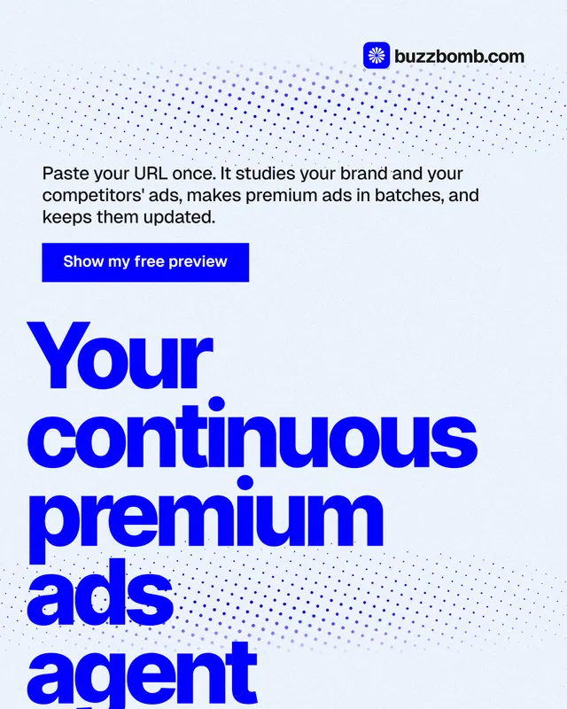 Instagram portrait post for BuzzBomb: "Your continuous premium ads agent." Swiss style, oversized layout, light palette in white, blue.