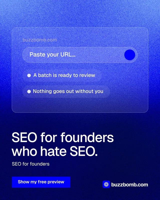 Instagram portrait post for BuzzBomb: "SEO for founders who hate SEO." Swiss style, bottom layout, dark palette in blue.