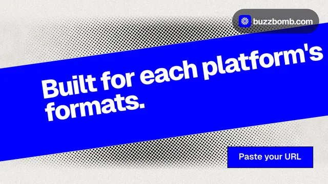 Landscape graphic for BuzzBomb: "Built for each platform's formats." Ink sticker style, diagonal layout, light palette in blue, white, grey.
