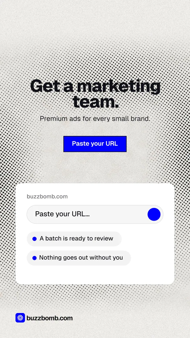 Instagram story for BuzzBomb: "Get a marketing team." Ink sticker style, centred layout, light palette in white, grey.