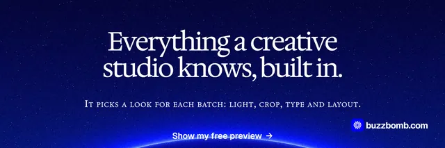 X header for BuzzBomb: "Everything a creative studio knows, built in." Swiss style, smallcaps layout, dark palette in blue.