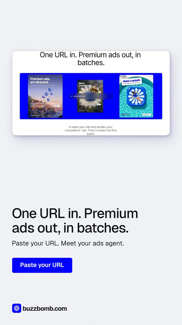 Instagram story for BuzzBomb: "One URL in. Premium ads out, in batches." Data card style, bottom layout, light palette in white, blue.