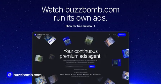 Social ad for BuzzBomb: "Watch buzzbomb.com run its own ads." Swiss style, ogui layout, dark palette in blue.