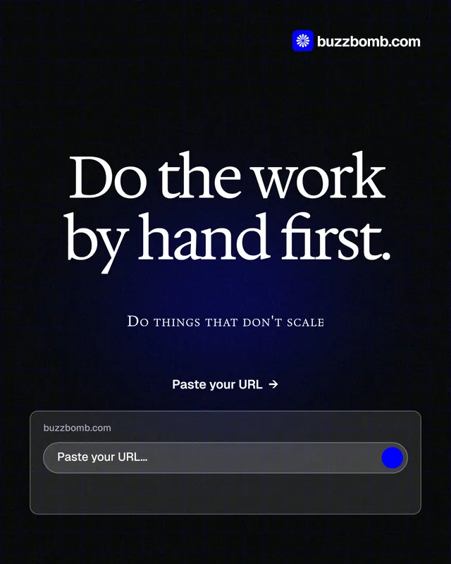 Instagram portrait post for BuzzBomb: "Do the work by hand first." Phosphor atlas style, smallcaps layout, dark palette in black, blue, grey.