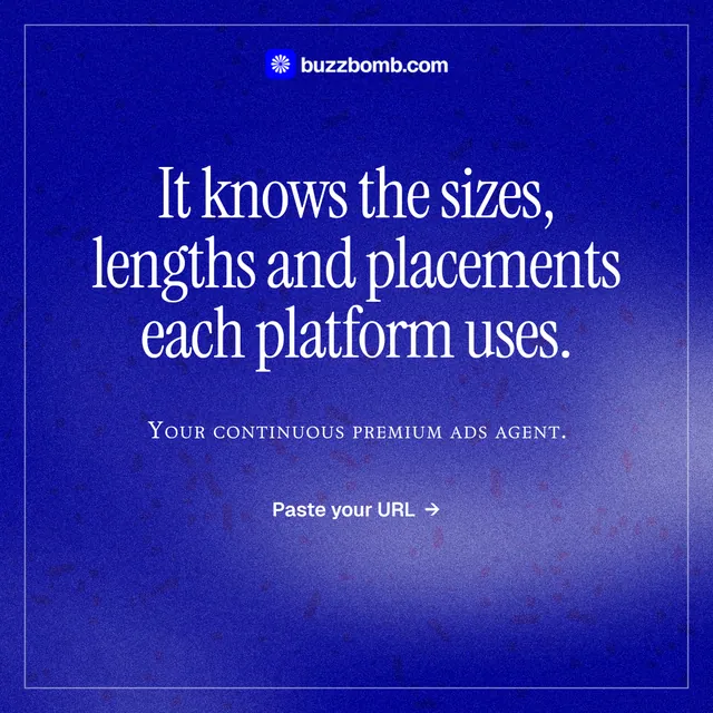 Instagram post for BuzzBomb: "It knows the sizes, lengths and placements each platform uses." Editorial style, smallcaps layout, dark palette in blue.