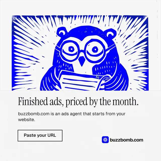 Instagram post for BuzzBomb: "Finished ads, priced by the month." Editorial style, bottom layout, light palette in blue, white.