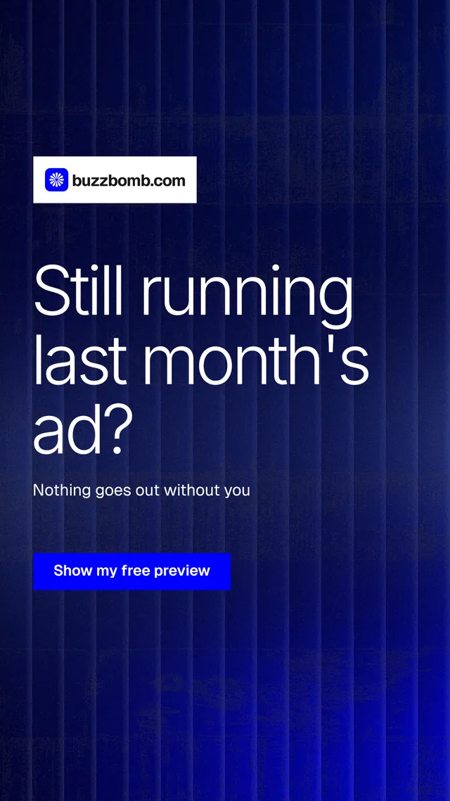 Instagram story for BuzzBomb: "Still running last month's ad?" Swiss style, announce layout, dark palette in blue, grey.