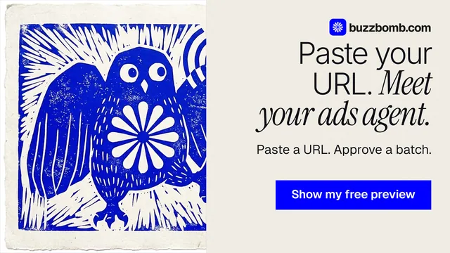 Landscape graphic for BuzzBomb: "Paste your URL. Meet your ads agent." Swiss style, right layout, light palette in yellow, blue, grey.