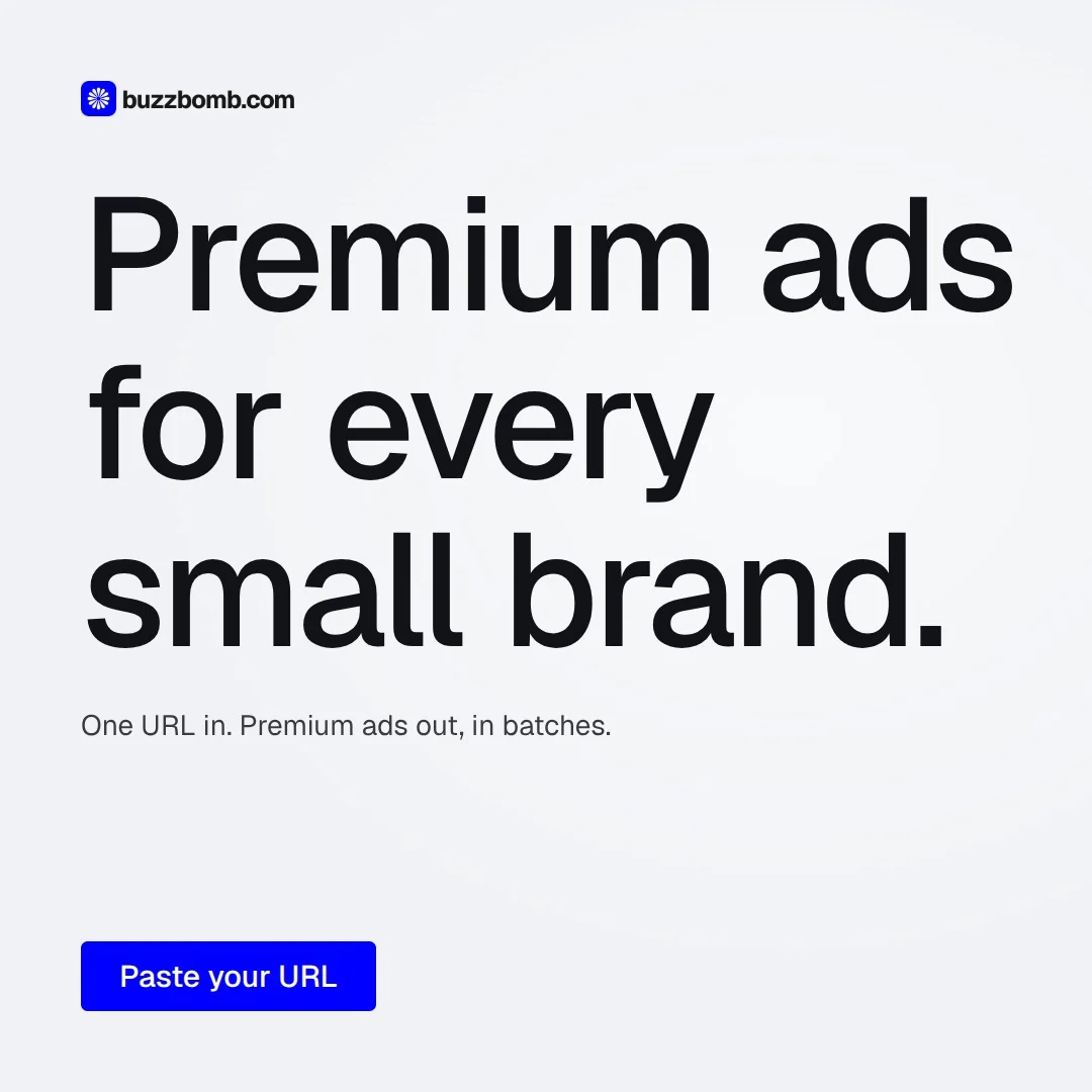 Video for BuzzBomb: "Premium ads for every small brand.". Doc motion loop, 6.0 s, light palette.