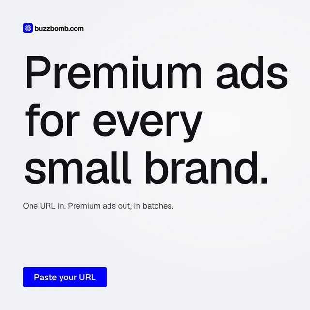 Video for BuzzBomb: "Premium ads for every small brand.". Doc motion loop, 6.0 s, light palette.