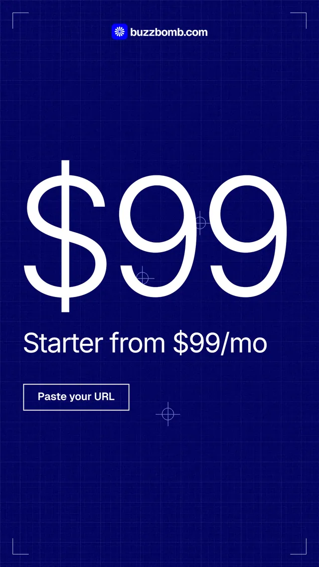 Instagram story for BuzzBomb: "Your continuous premium ads agent." Blueprint style, stat layout, dark palette in blue.