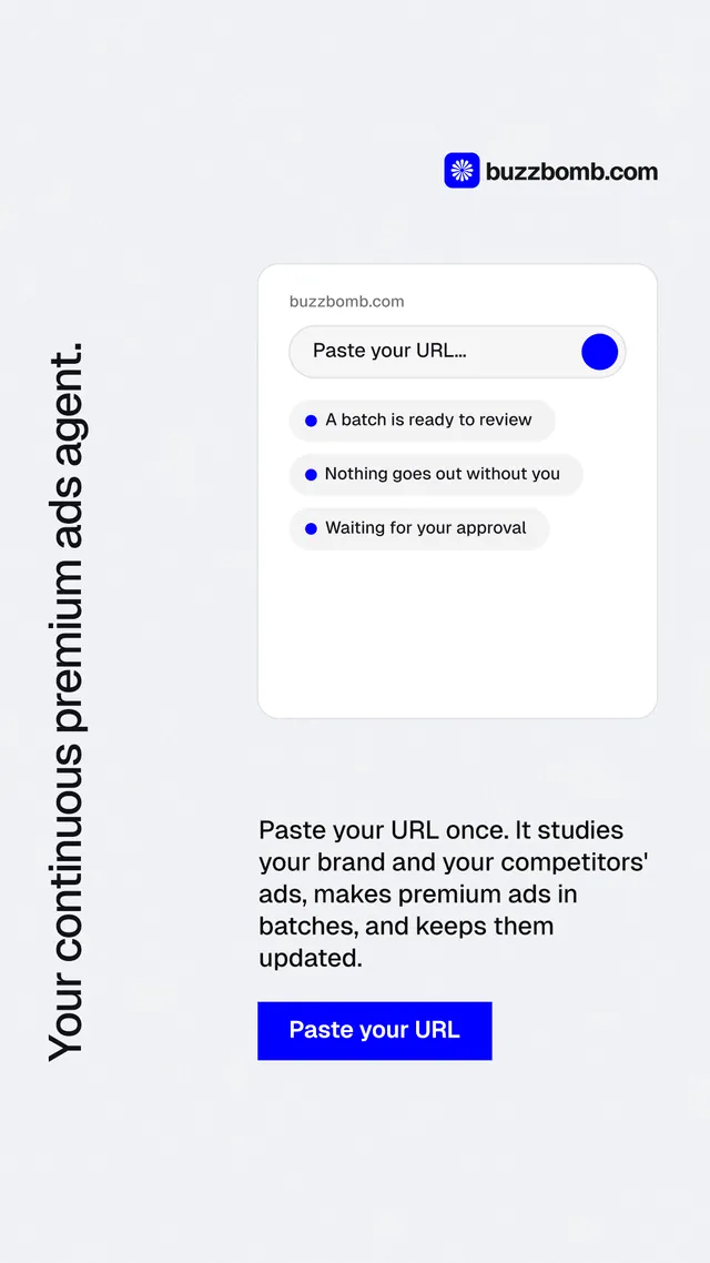 Instagram story for BuzzBomb: "Your continuous premium ads agent." Swiss style, vertical layout, light palette in white, blue.