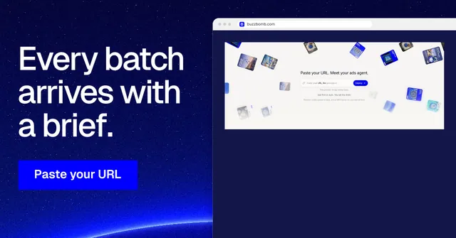 Social ad for BuzzBomb: "Every batch arrives with a brief." Swiss style, browser layout, dark palette in blue, white.