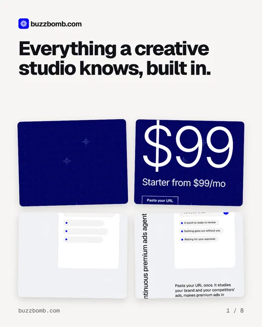 Carousel for BuzzBomb: "Everything a creative studio knows, built in.". Collection carousel, 8 slides, light palette.