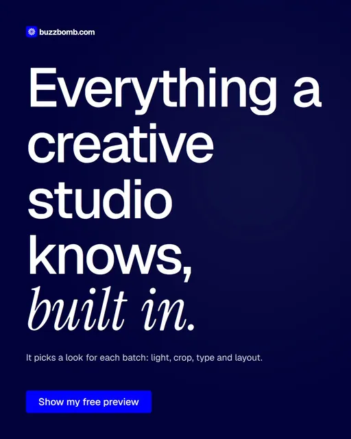 Video for BuzzBomb: "Everything a creative studio knows, built in.". Doc motion loop, 7.0 s, dark palette.