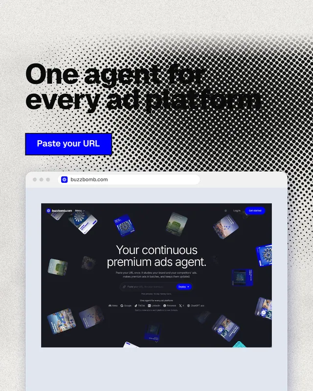 Instagram portrait post for BuzzBomb: "One agent for every ad platform". Ink sticker style, browser layout, light palette in grey, blue, white.