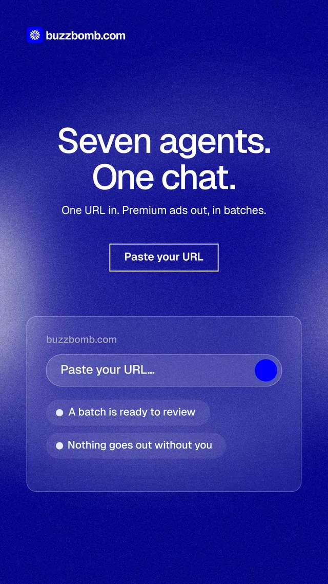 Instagram story for BuzzBomb: "Seven agents. One chat." Cyanotype style, centred layout, dark palette in blue.