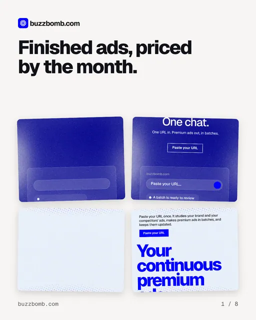 Carousel for BuzzBomb: "Finished ads, priced by the month.". Collection carousel, 8 slides, light palette.