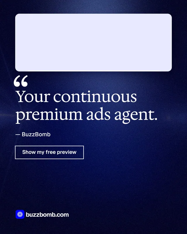 Instagram portrait post for BuzzBomb: "Your continuous premium ads agent." Dark deco style, quote layout, dark palette in blue, black, white.