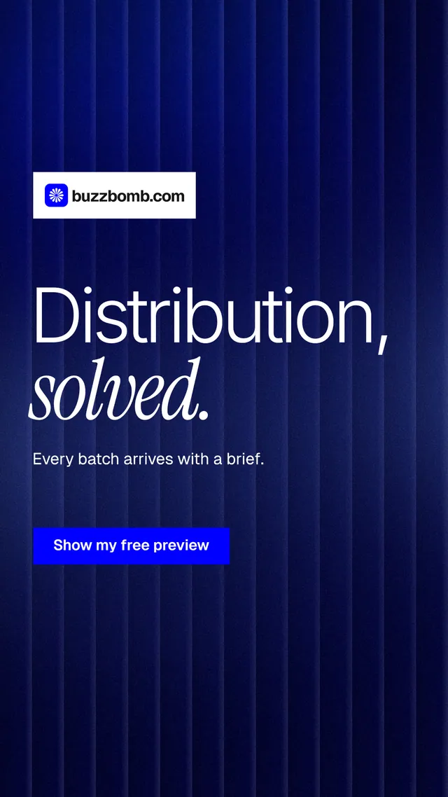 Instagram story for BuzzBomb: "Distribution, solved." Swiss style, announce layout, dark palette in black, blue.