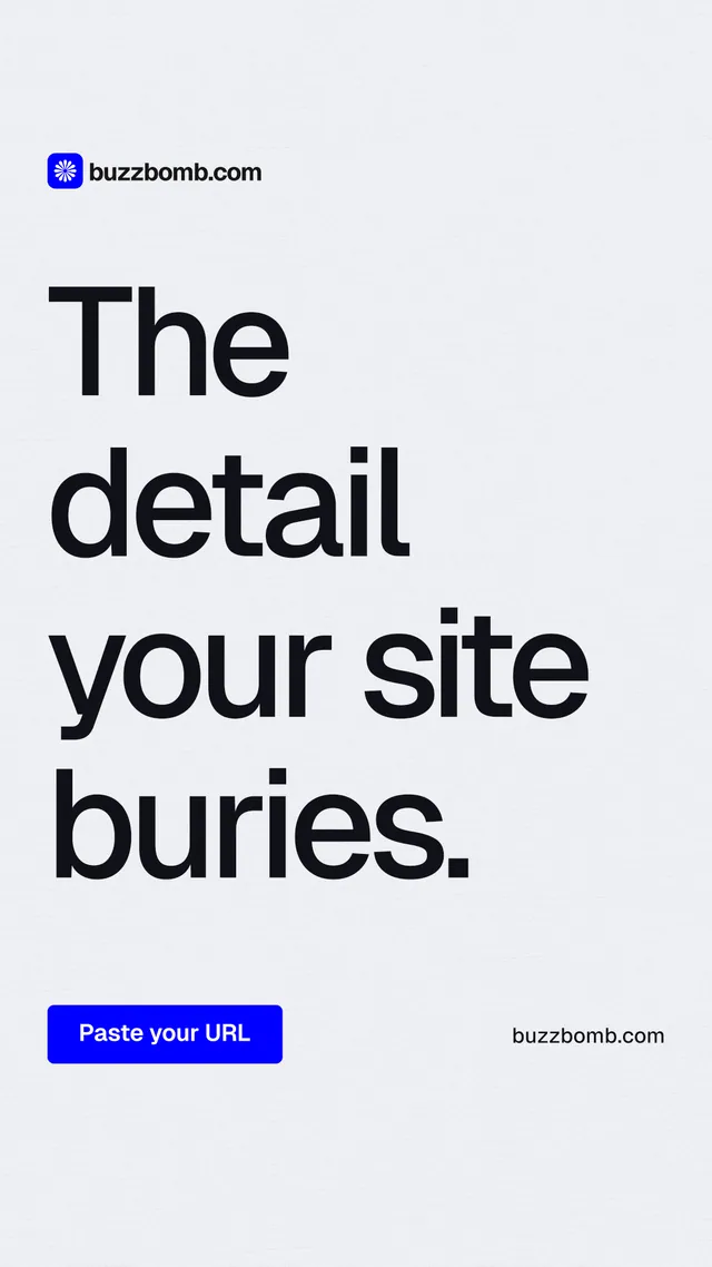 Instagram story for BuzzBomb: "The detail your site buries." Data card style, poster layout, light palette in white, grey.