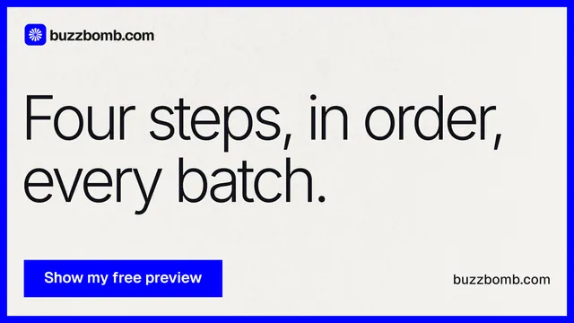 Landscape graphic for BuzzBomb: "Four steps, in order, every batch." Swiss style, poster layout, light palette in white, blue.