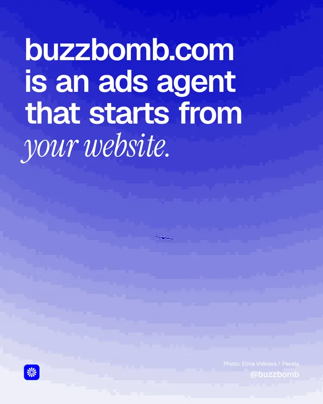 Instagram portrait post for BuzzBomb: "buzzbomb.com is an ads agent that starts from your website." Duotone style, technique:pexels ingredient layout, light palette in blue.
