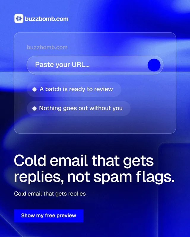 Instagram portrait post for BuzzBomb: "Cold email that gets replies, not spam flags." Swiss style, bottom layout, dark palette in blue.