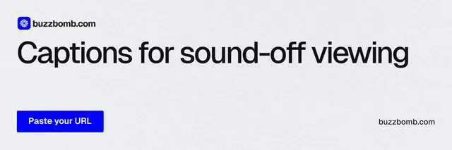 X header for BuzzBomb: "Captions for sound-off viewing". Data card style, poster layout, light palette in white, blue.