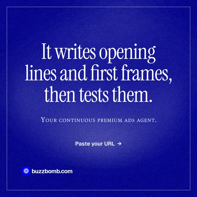 Instagram post for BuzzBomb: "It writes opening lines and first frames, then tests them." Editorial style, smallcaps layout, dark palette in blue.