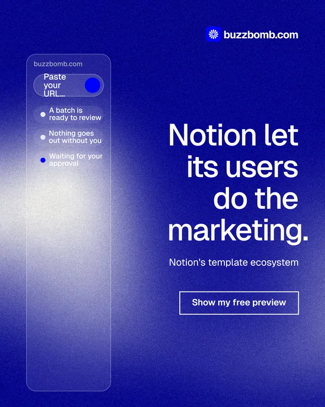 Instagram portrait post for BuzzBomb: "Notion let its users do the marketing." Cyanotype style, right layout, dark palette in blue.